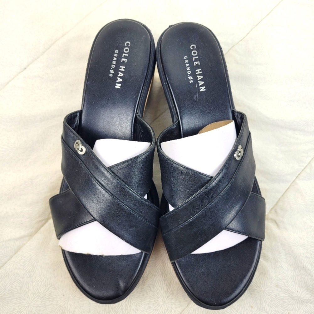 Cole Haan black leather cross design wedge sandals cork platform heel minimal 6 - Picture 5 of 12